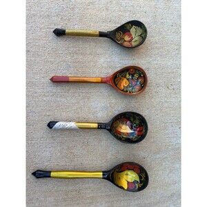 Vintage Russian Khokhloma Lot of 4 Wooden Laquered Handmade Spoons Ladles